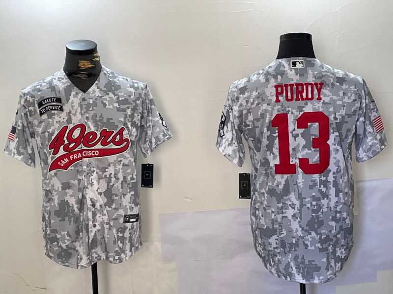Men%27s San Francisco 49ers #13 Brock Purdy Arctic Camo 2024 Salute to Service Stitched Baseball Jersey
